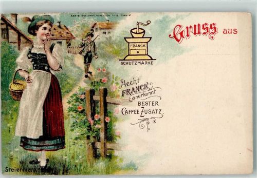 Gruss aus Werbung Franck Kaffee Zusatz - Trachten aus der Steiermark Kaffee 1900 Gebrauchsspuren
