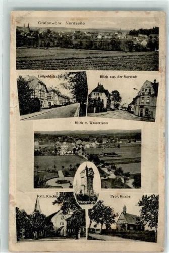 92655 W8484 Grafenwöhr - Luitpoldstraße Kath. Kirche Wasserturm Ev. Kirche