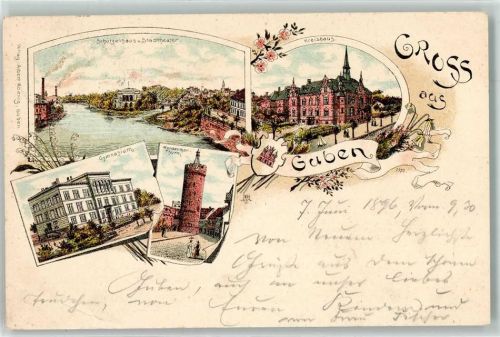 03172 O7560 Guben 1896 Gebrauchsspuren Schützenhaus Stadttheater Kreishaus Gymnasium Werdertor Turm Wappen Gruss Blumen Lithographie
