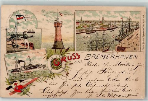 27568 W2850 Bremerhaven 1897 Lithographie Kanone Soldat Dampfer Najade Roter Sand-Leuchtturm Hafen