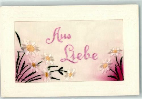 Seidenstickerei Blumen "Aus Liebe" Passepartout AK