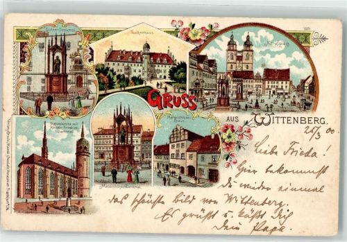 Lutherstadt Wittenberg 1900 Lutherdenkmal Marktplatz Lutherhaus Melanchthon-Denkmal Lithographie