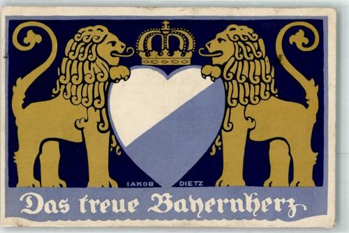 sign. Dietz, Jakob Das treue Bayernherz gehalten von zwei Löwen Maschinenstempel Patriotik WK I, Deutschland 1915 Künstlerkarte