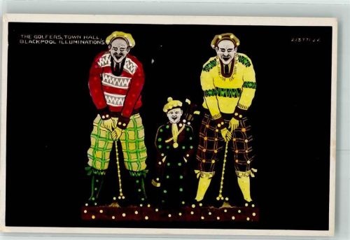 Blackpool The Golfers, Town Hall Blackpool Illuminations Lichterfestival Golf AK Motiv Großbritannien 1930 Künstlerkarte