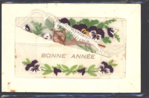 Seidenstickerei Blumen Bonne Annee Passepartout AK