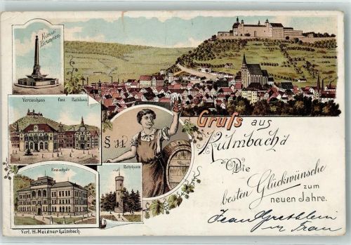 Kulmbach 1897 Kunstbrunnen Vereinshaus Post Rathaus Realschule Rehturm Fass Gruss Glückwünsche Lithographie