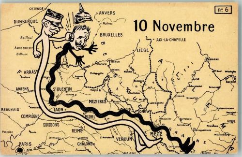 Franzose boxt der deutschen Schlange ins Gesicht vor einer Landkarte Nord-Westeuropas 10. November Edition Lorraine No. 6