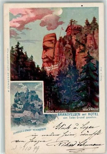 Hohnstein 1899 Brandfelsen mit Hotel vom Tiefen Grund gesehen sign. Walt. Schmidt