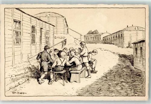 Wegscheide 1932 Zeichnung des Kinderdorfes mit einer Gruppe Pimpfe am Tisch