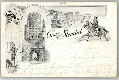 Stendal 1900 Bahnhof Unglinger Tor Denkmal Roland Reiter mit Pferd Bahnpost Magdeburg-Bremen
