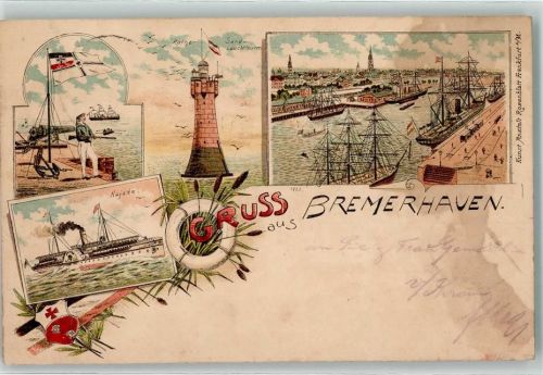 Bremerhaven 1896 Rother Sand-Leuchtturm Hafen Segelschiffe Najade Schilf