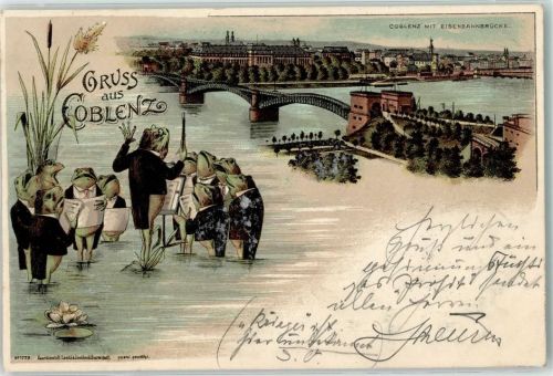 W5400 Koblenz am Rhein vermenschlicht Gruss aus Frosch 1900 Lithographie
