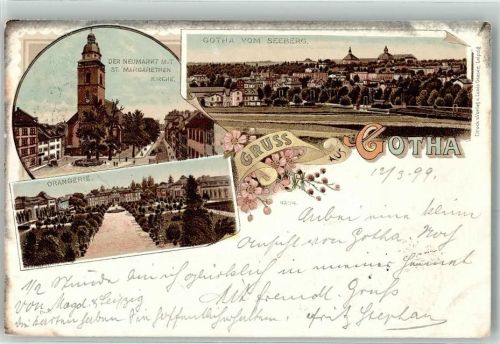 Gotha 1899 der Neumarkt mit St. Margarethenkirche Orangerie Blick vom Seeberg