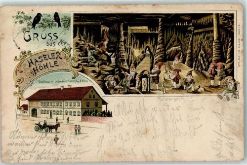 Hasel 1898 Haseler Höhle Fürstengruft Zwerge Gasthaus zur Erdmannshöhle Lithographie