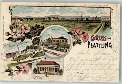 Plattling 1906 Lithographie Oberer Stadtplatz Bahnhof Turnhalle
