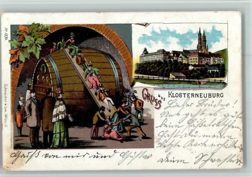 Klosterneuburg 1900 Gruss aus - Rutsche auf einem Riesenweinfaß AK