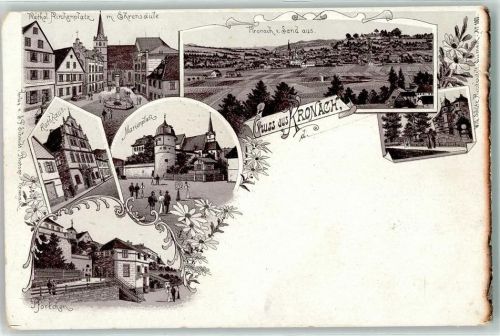 96317 W8640 Kronach , Oberfr Lithographie Katholischer Kirchenplatz Ehrensäule Rathaus Marienplatz Pförtchen Kirche