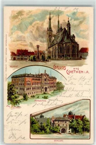 Köthen 1900 Markt Stadtkirche St. Jakob Akademie Schloß sign. Erwin Spindler