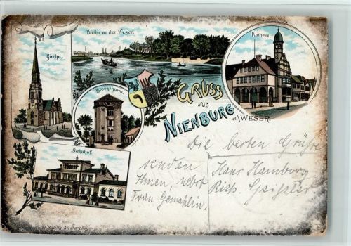 Nienburg 1896 Gruss aus - kirche, Rathaus, Bahnhof, Ränder oxidiert