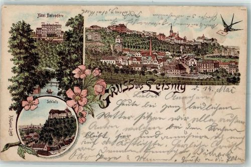 Leisnig 1896 Hotel Belvedere Schloss Schwalbe Lithographie