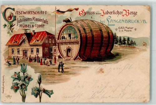 Dlouhy Most Langenbruck b. Reichenberg 1899 Gebrauchsspuren Gastghaus Gastwirtschaft zum Jubiläums Riesenfass v. Hübel u. Comp. sign. Lithographie