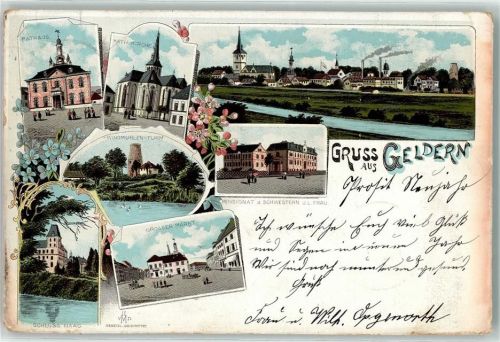 Geldern 1897 Rathaus Kath. Kirche Pensionat d. Schwestern u. L. Frau Großer Markt Schloss Haag