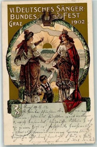 8010 Graz 01.Bez.:Innere Stadt 1902 Prägedruck VI. Deutsches Sängerfest Jugendstil Tracht Wappen