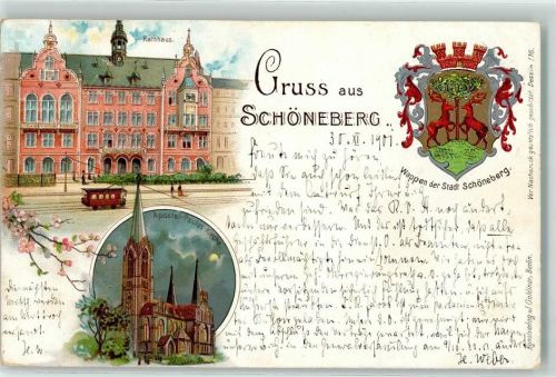 Schöneberg 1901 Rathaus Apostel Paulus Kirche Straßenbahn Wappen Baum Hirsch Grün Rot Blumen Gruss