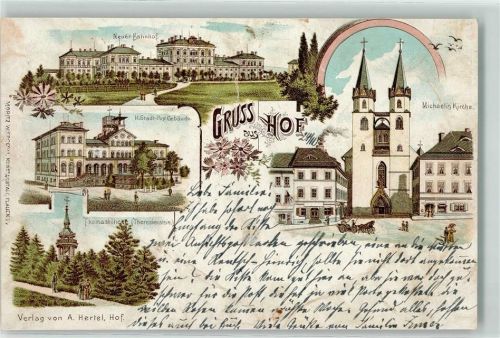 Hof 1901 Neuer Bahnhof Thomashöhe Michaelis-Kirche Post-Gebäude Lithographie