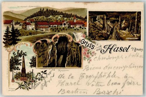 Hasel 1899 Gasthaus zur Erdmannshöhle Fürstengruft Kappelle Kriegerdenkmal Gruss Blumen Lithographie