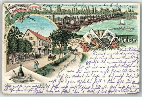 77963 W7635 Ottenheim , Schwarzw 1898 Lithographie Gasthaus Rheinbrücke Schiffbrücke Fischgedeck Trachtenpaar