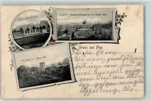 Plau 1905 Krafft´s Bürgerhalle Gasthaus Garten Plauer See Alte Burg Gruss