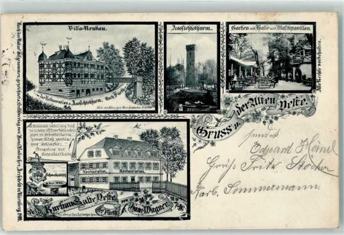 Zirndorf 1904 Villa Neubau Aussichtsturm Musikpavillon Kuraus Gasthaus Alte Veste Ort lt. Stempel
