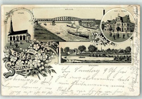 Stolzenau 1904 Weserbrücke Post Rathaus Kirche Lithographie