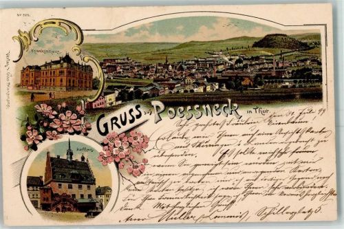 07381 O6840 Pößneck 1899 Lithographie Krankenhaus Rathaus