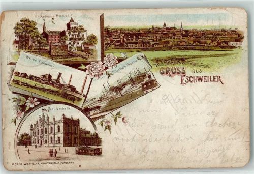 Eschweiler 1914 Sr. Antonius Hospital Grube Eschweiler Schützenhalle Eisenhütte Phönix Straßenbahn Lithographie