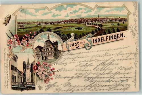 Sindelfingen 1899 Altes Rathaus Herzog Ulrich-Brunnen Lithographie