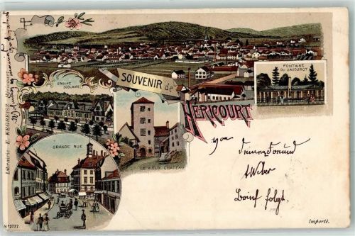 70400 Hericourt 1899 Gebrauchsspuren Grande Rue le Vieux Chateau Fontaine du Savourot Lithographie