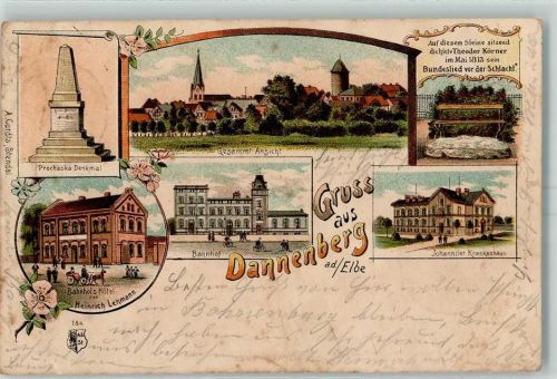29451 W3138 Dannenberg Elbe 1900 Lithographie Prochaska-Denkmal Bahnhofs-Hotel Bahnhof Johanniter-Krankenhaus