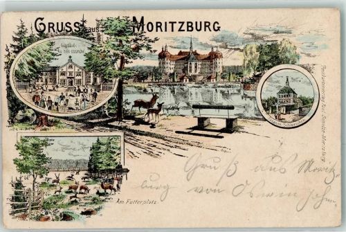 Moritzburg 1897 Fasanen Schlösschen Futterplatz Gasthaus Au bon marche Wild Bank