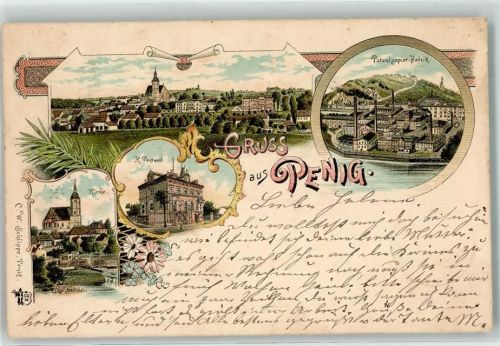 Penig 1896 Bahnpost Glauchau Großbothen Zug 850 30.9.96 Kirche K. Postamt Patentpapier Fabrik Ottmar Zieher