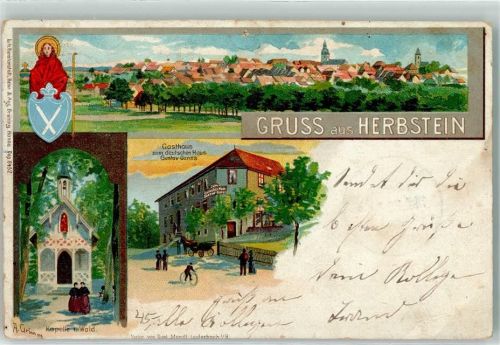 36358 W6422 Herbstein 1900 Gebrauchsspuren Gasthaus zum deutschen Haus Kapelle im Wald sign. A. Grimm