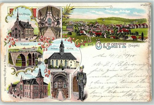 Oelsnitz 1900 Kath. Kirche Viadukt Ev. Kirche Altaransicht Rathaus