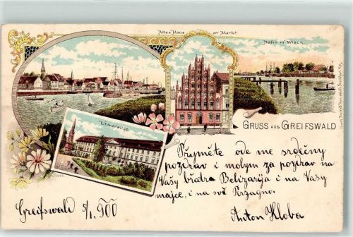 17489 O2200 Greifswald , Hansestadt 1900 Lithographie Hafen Universität Altes Wohnhaus