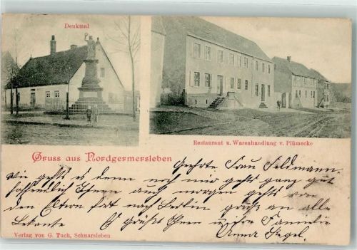 Nordgermersleben Denkmal Gasthaus Warenhandlung Plümecke Gruss Bahnpost Eisleben 1902