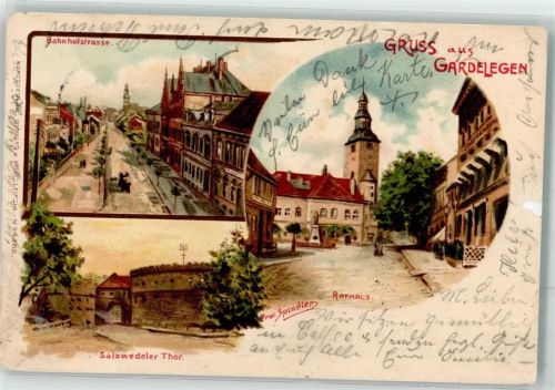 39638 O3570 Gardelegen 1902 Lithographie / Künstlerkarte Bahnhofstraße Salzwedeler Tor Rathaus sign. E. Spindter