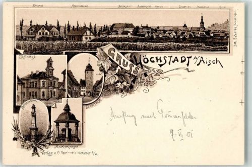 91315 W8552 Höchstadt a d Aisch Lithographie Rathaus Stadtturm Kriegerdenkmal Marktbrunnen Bahnhof Maschinenhaus Pfarrkirche