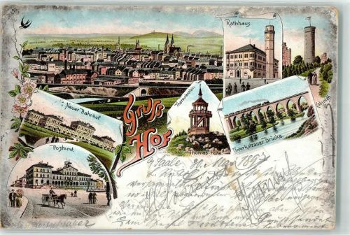 Hof 1897 Neuer Bahnhof Postamt Theresienstein thomas-Höhe Unterkotzauer Brücken Eisenbahn Rathaus Labyrinth