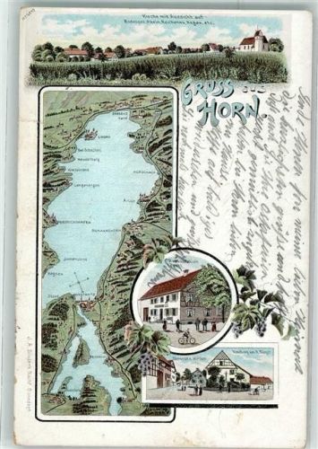 Horn 1915 Vogelschau Bodensee Gasthaus Kirche Lithographie