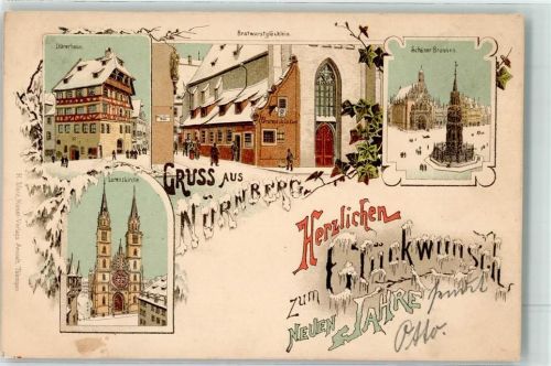 W8500 Nürnberg Gruss aus Städteglückwunsch Neujahr Bratwurstglöcklein Verlag Metz Winterlitho Lithographie / Künstlerkarte